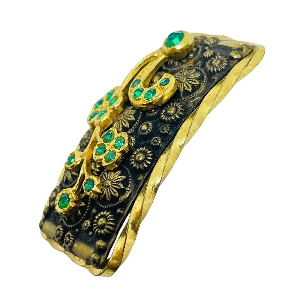 Vintage CZECHO signed gold plated emerald rhinestones brooch